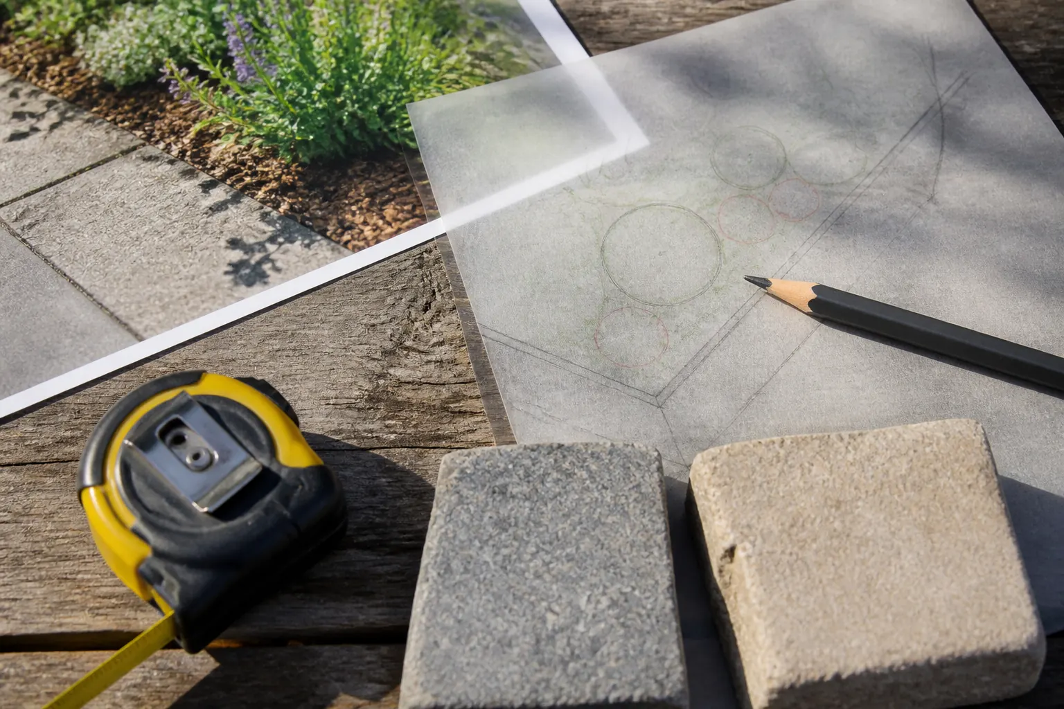 Een detailfoto van een tuin, schets op kalkpapier, potlood, rolmaat en steenstalen liggen samen op een verweerde houten tafel.