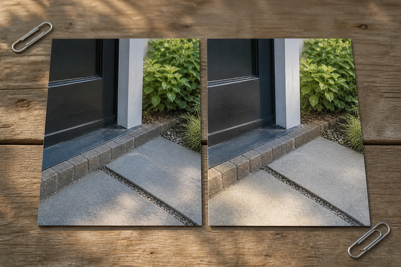 Two printed close crops of the same door and path sit side by side on a wooden table for a line-by-line comparison of the fixed features.