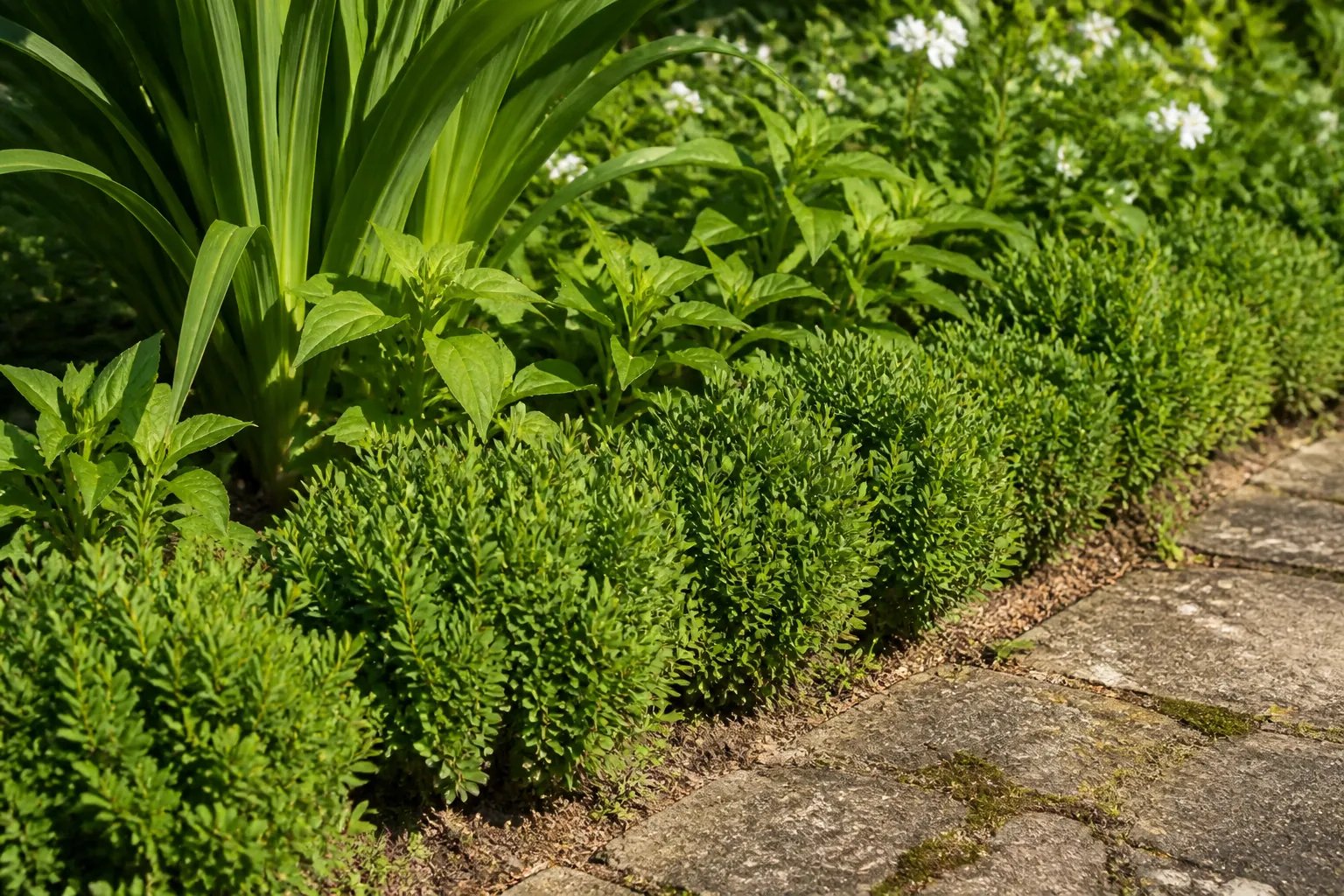 A repeated row of low green plants edges a worn stone path, with taller foliage behind.