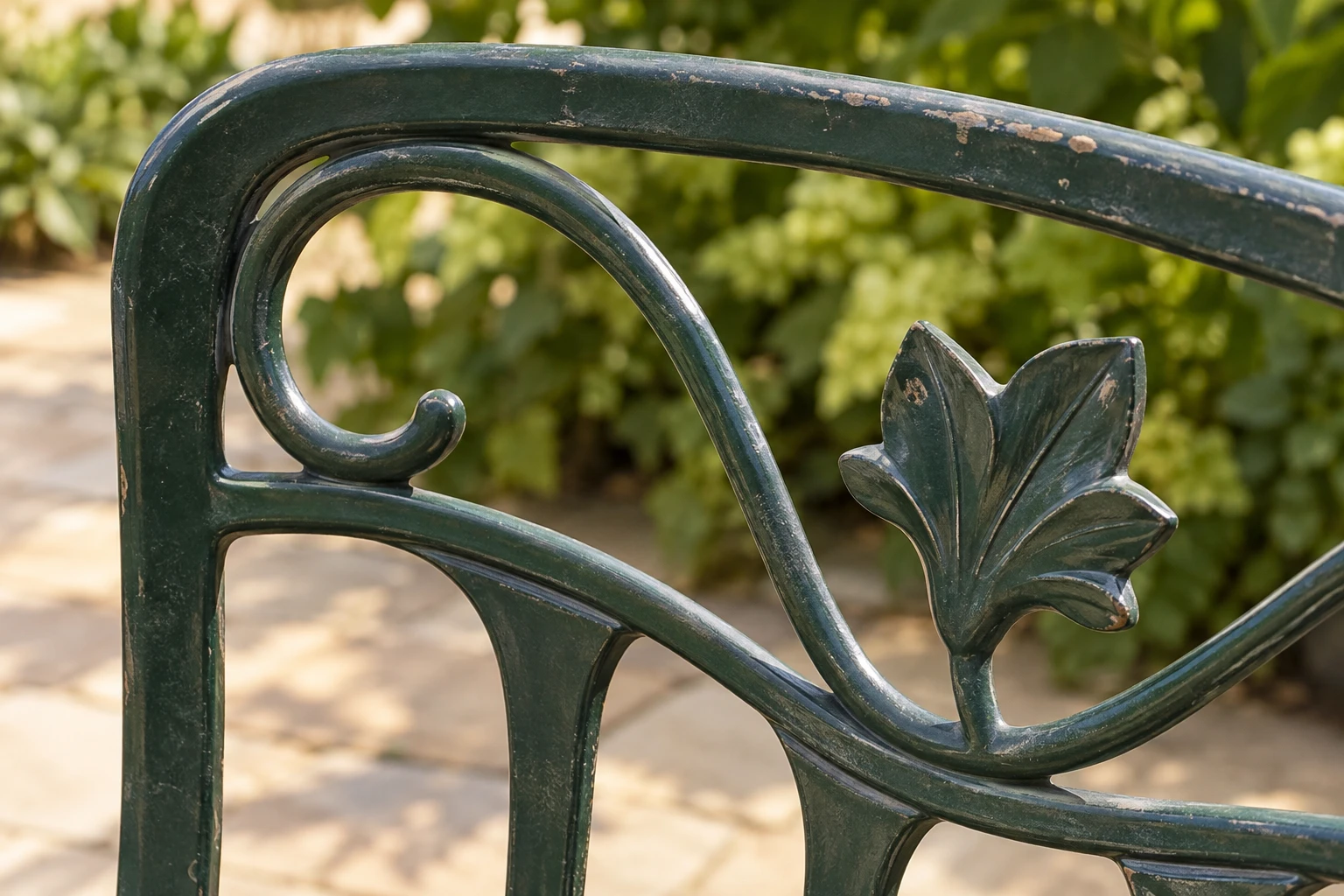 Curved dark green metalwork and a leaf-shaped detail on a garden chair back.
