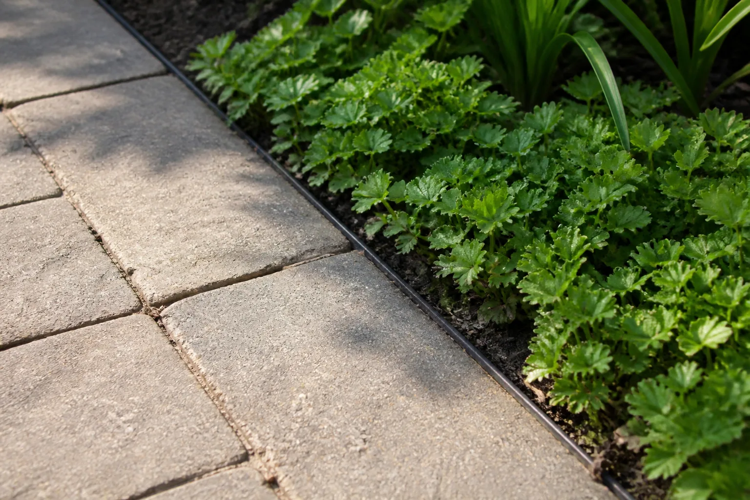 Low green groundcover stays behind a dark metal edge beside a worn paved path.