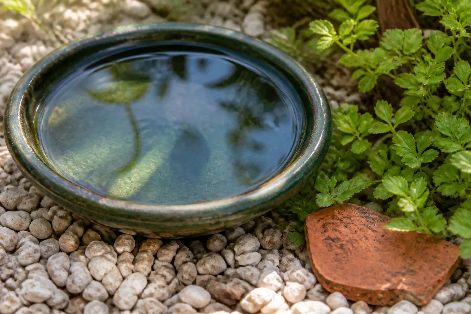 A shallow green ceramic water bowl reflects leaves beside gravel, low foliage and a weathered terracotta fragment.