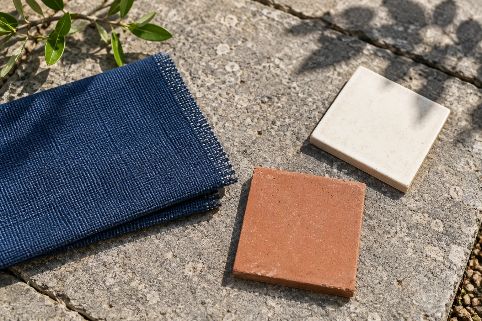 Een blauwe stofstaal, een terracotta tegel en een crèmekleurige tegel liggen naast groen blad op grijze bestrating in de zon.