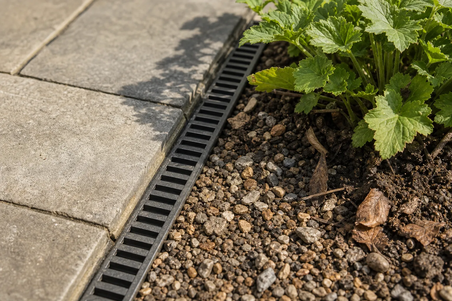 A narrow channel drain sits between existing paving and a planted edge, resolving water movement before more plants or furniture are added.