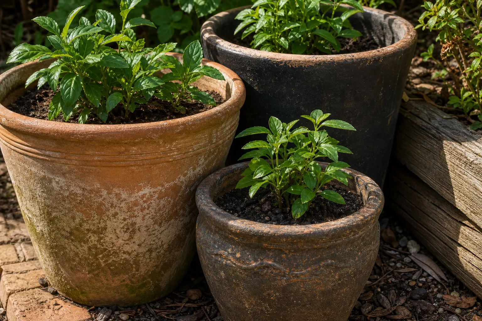 Three weathered terracotta and dark clay planters form one deliberate group, using repeated green foliage to make mismatched containers feel related.