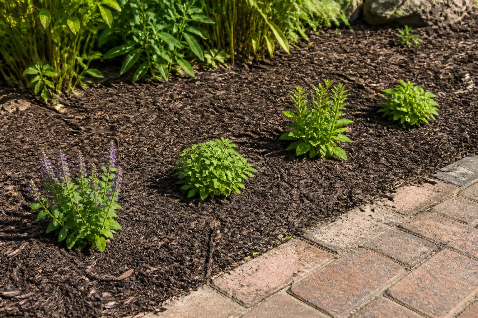 A short row of young plants is spaced through fresh mulch beside an existing weathered path, with open ground left between them.