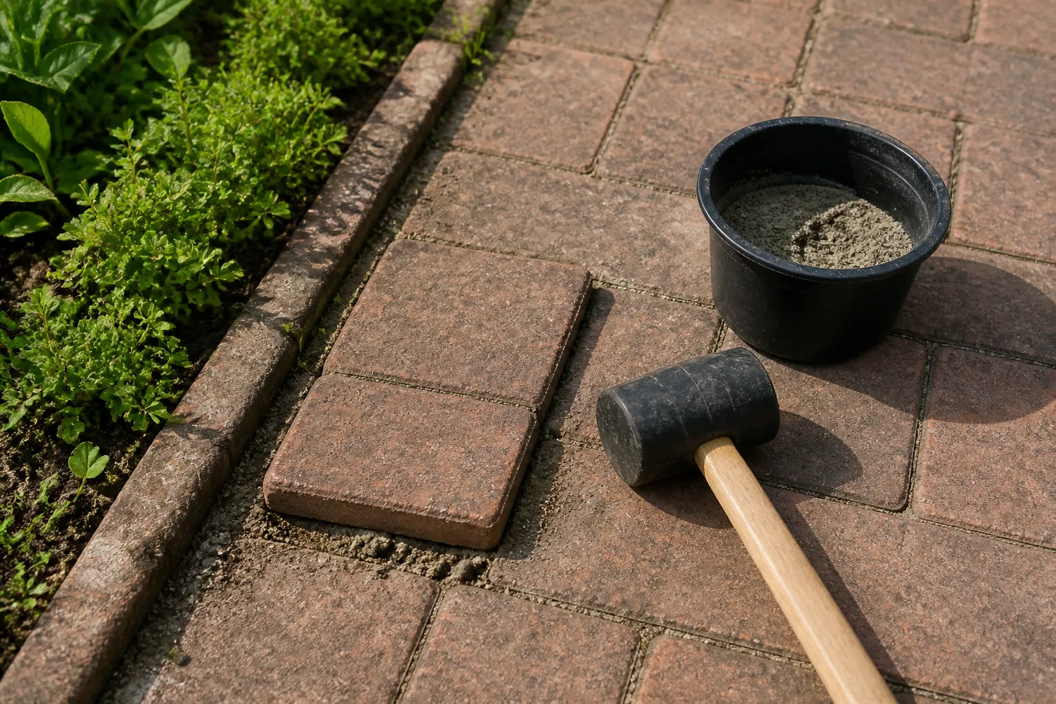 A worn front path with one lifted paver, a plain rubber mallet and a small tub of jointing material beside the repair area.