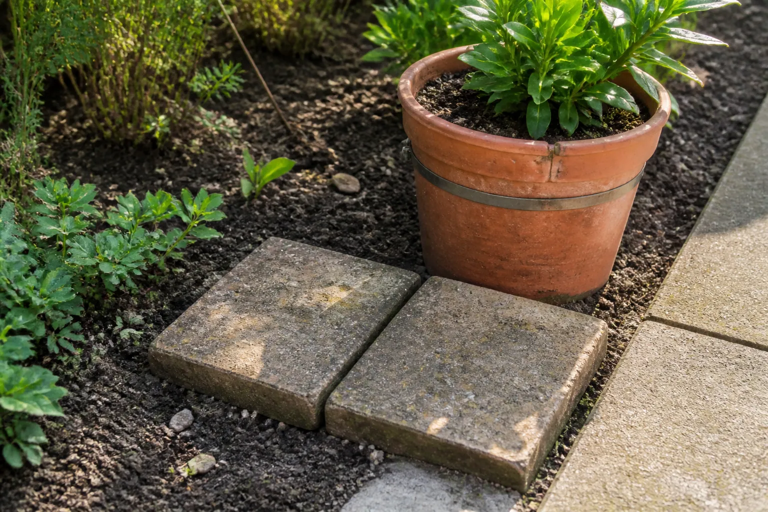 Two cleaned weathered pavers, a repaired clay planter and a compact green plant form a tight group beside an existing path edge.