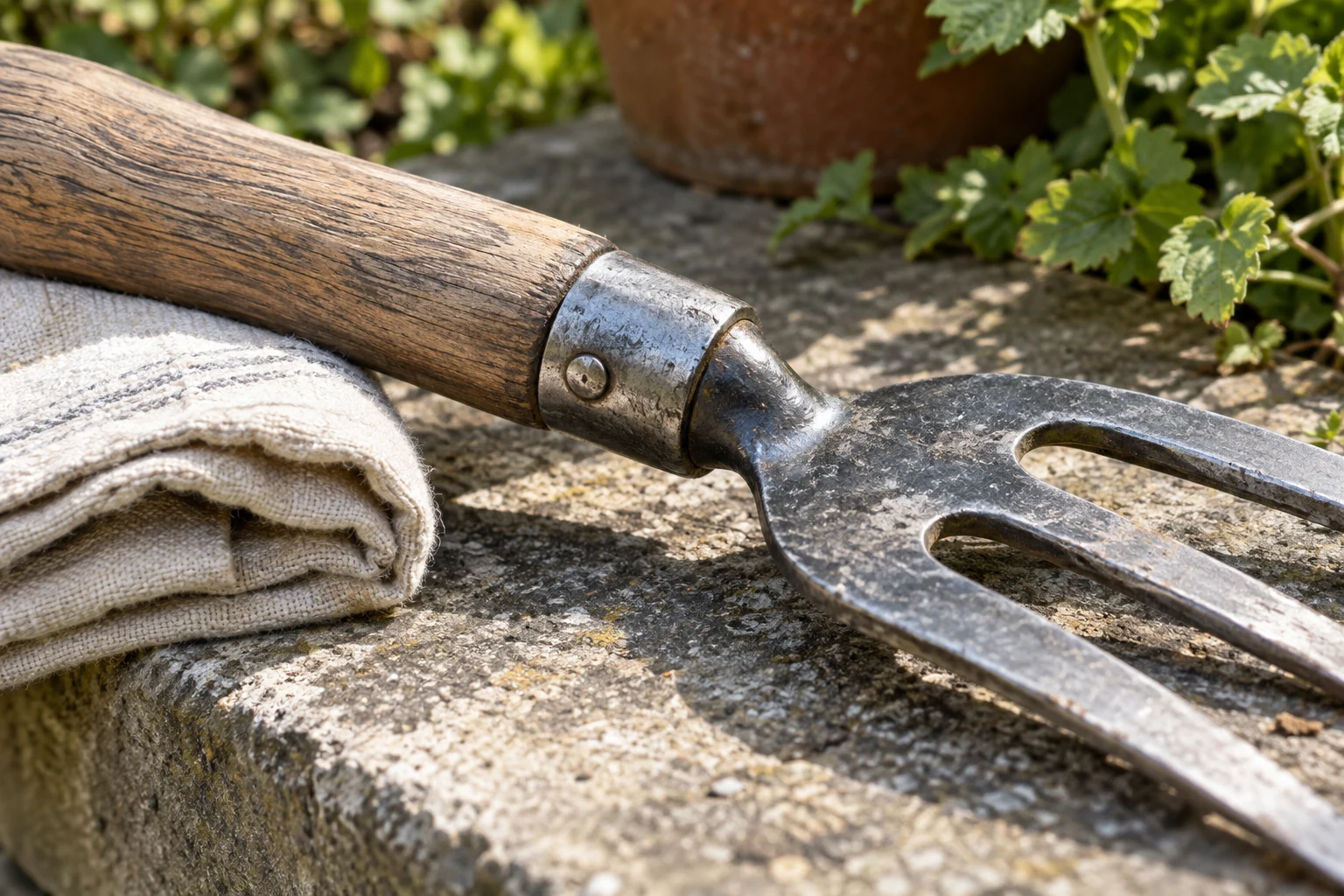 The dry metal socket of a wooden-handled garden fork rests beside a folded cloth.