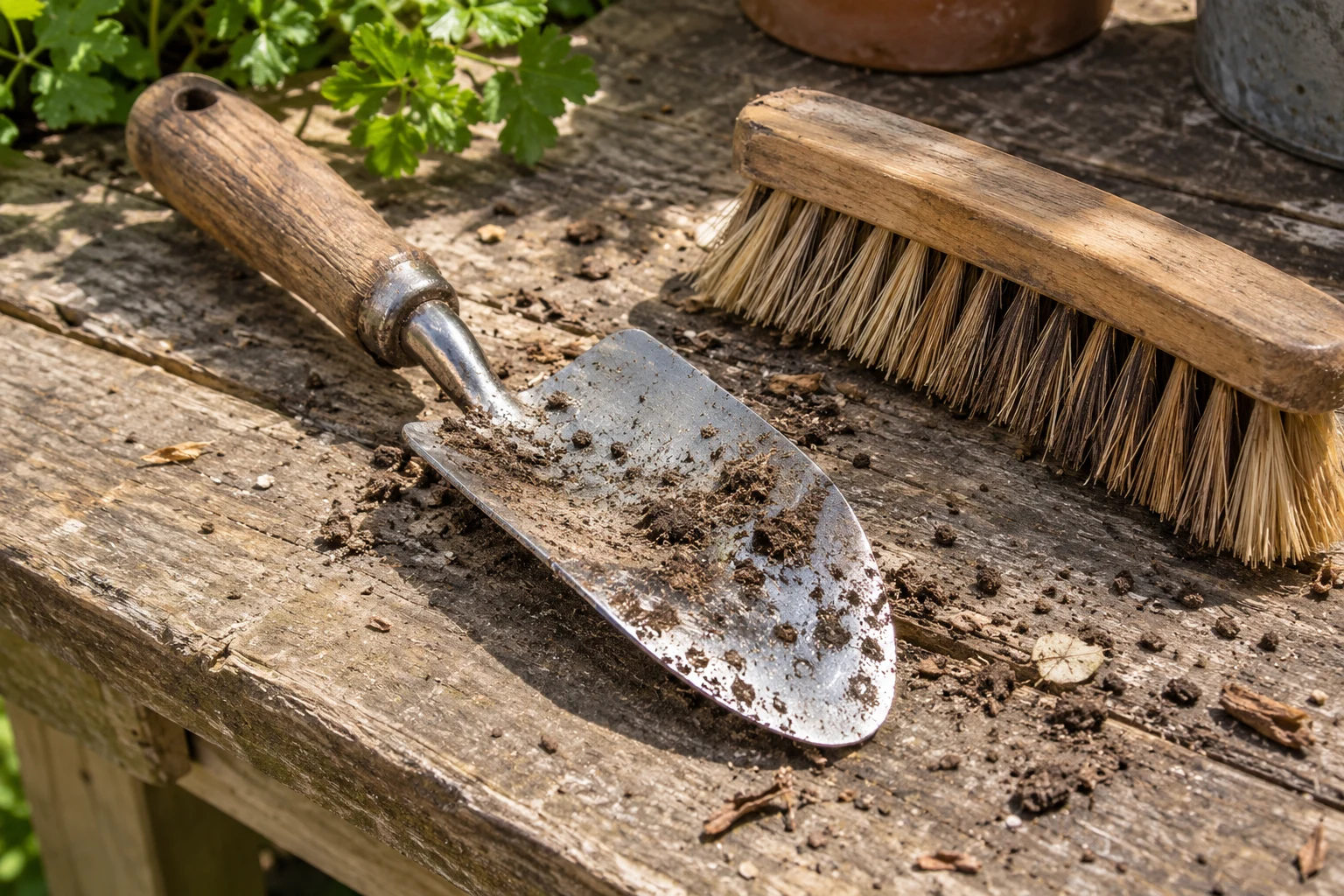 A hand trowel and stiff brush sit beside loose soil on a weathered wooden work surface.