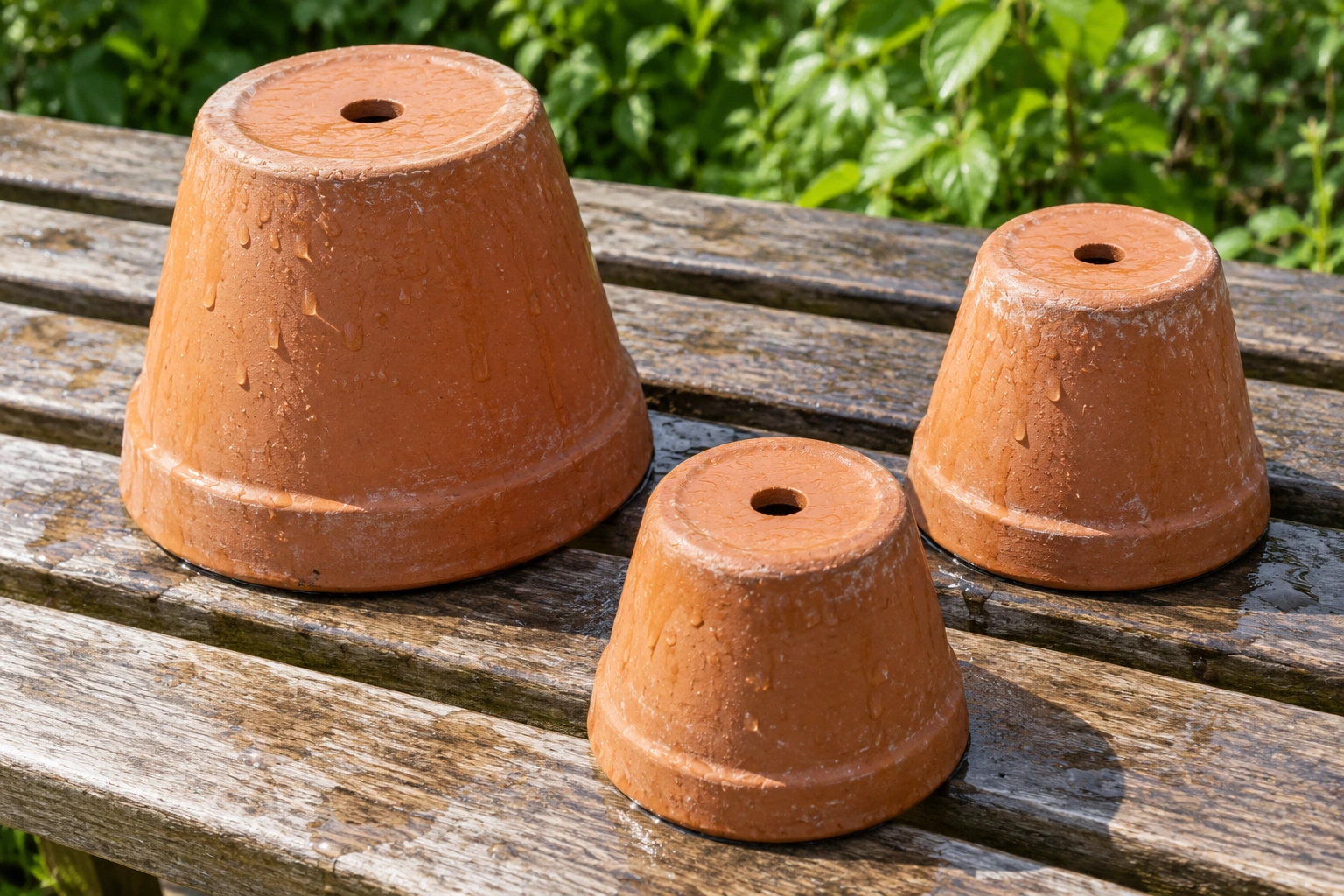 Three empty terracotta pots dry upside down on a slatted wooden bench.