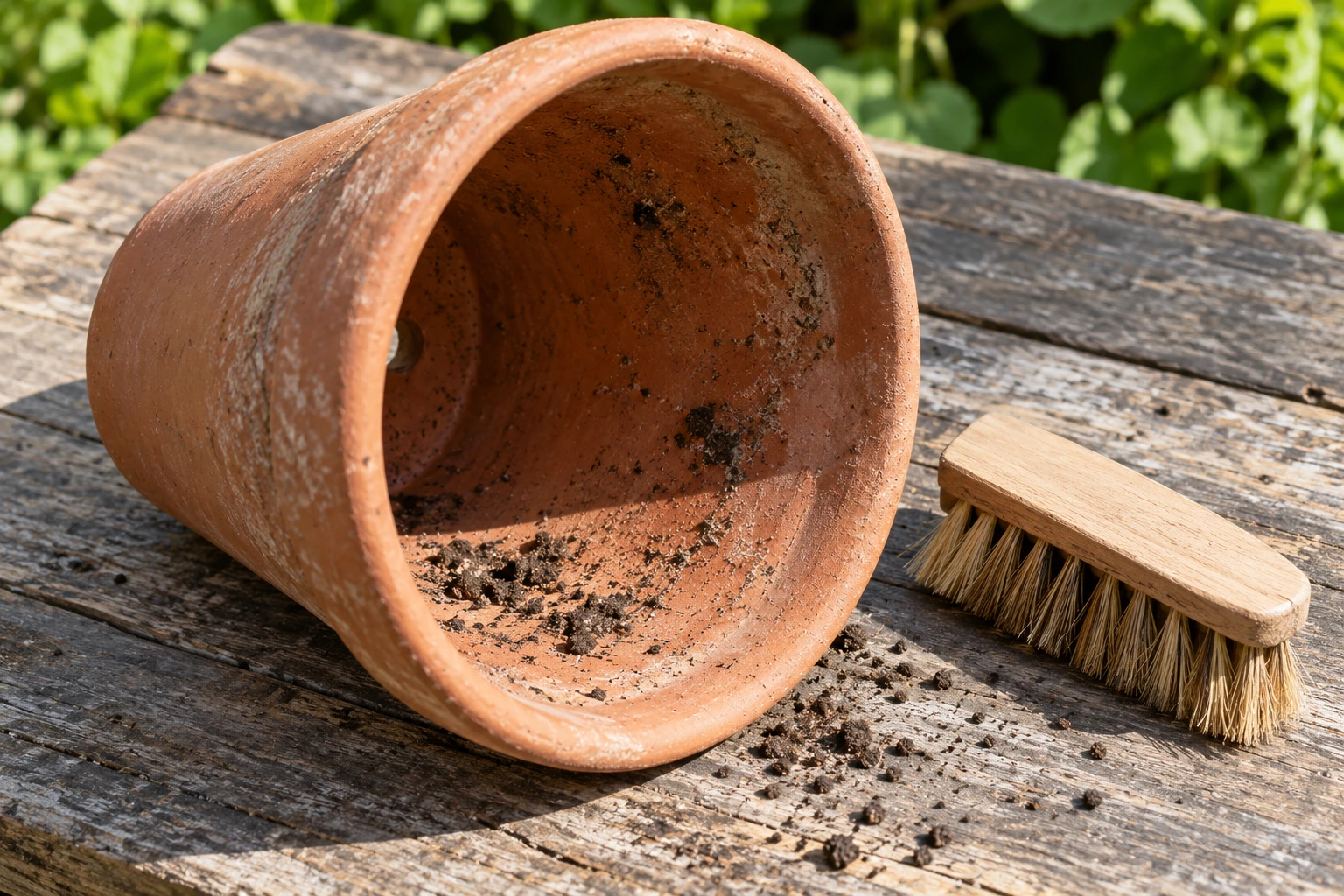 An empty terracotta pot with dry soil inside and a wooden brush beside it.