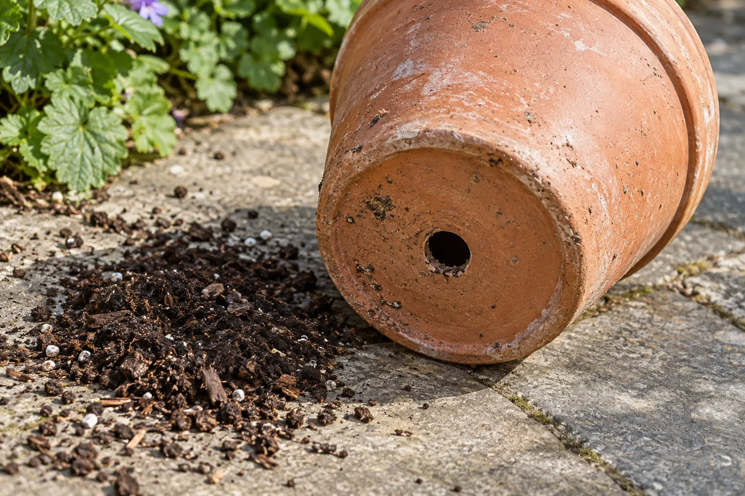 An open drainage hole in the base of a terracotta pot beside loose potting mix.