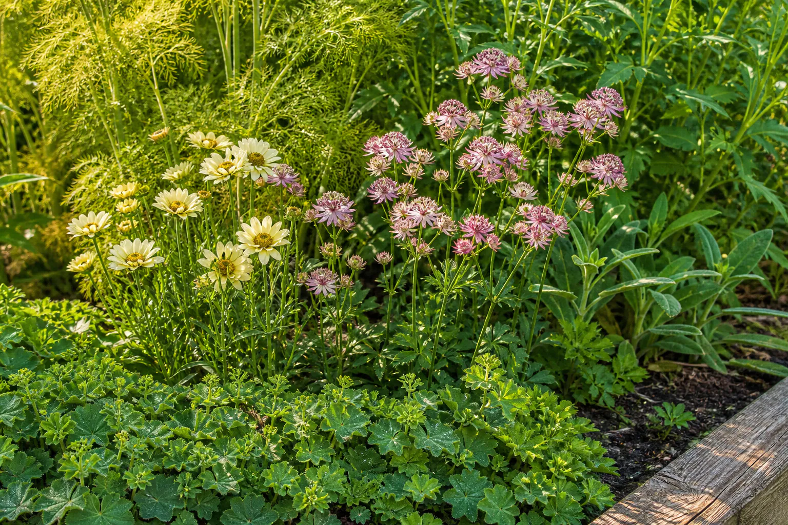 Lage bodembedekkers, crèmekleurige en oudroze bloemen en hoger blad vormen drie zichtbare lagen in de border.