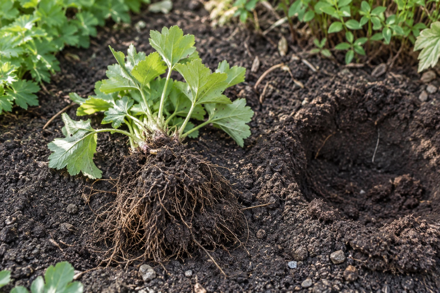 A small rooted perennial division lies beside a prepared planting hole in crumbly soil.