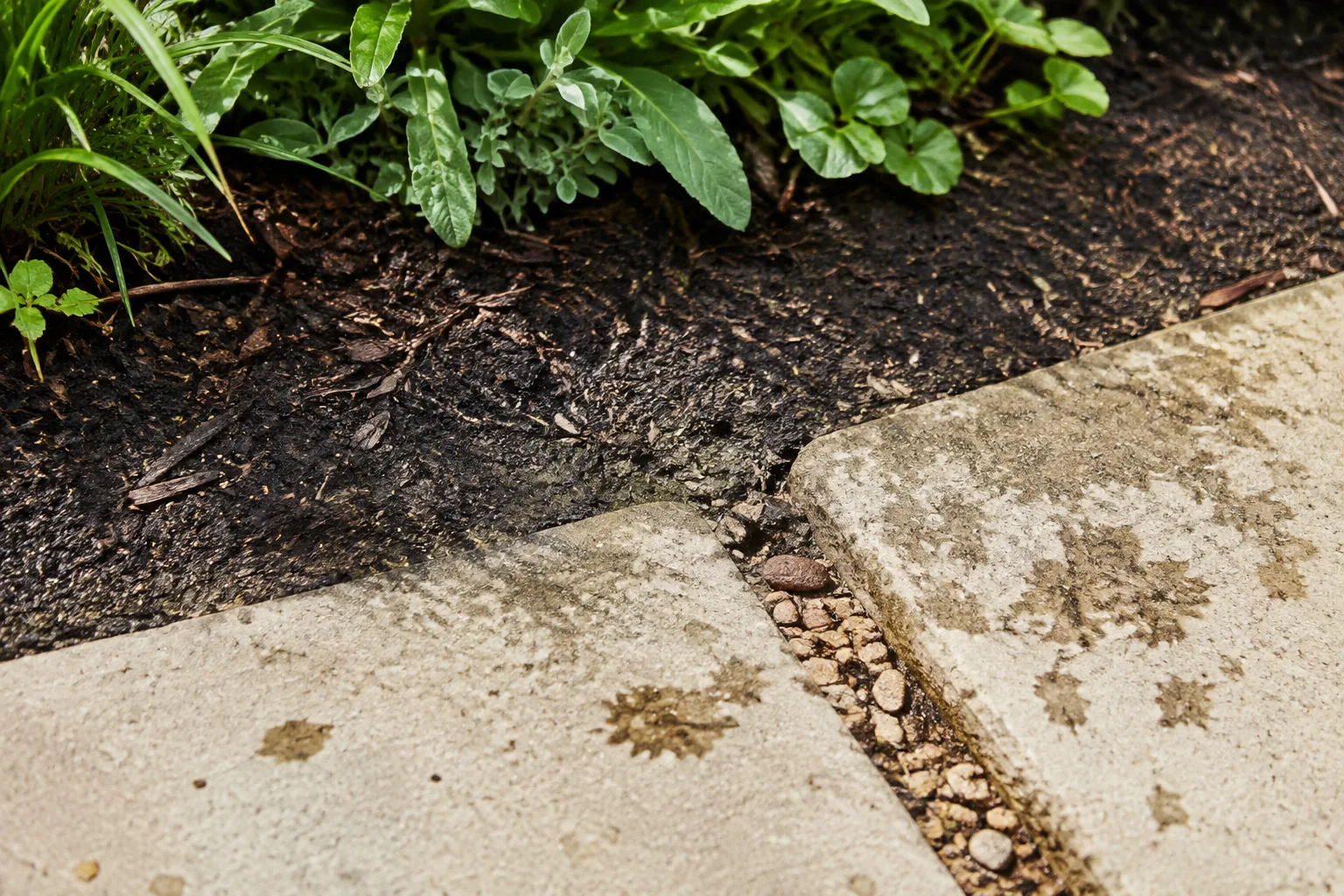 Donkere aarde en mulch sluiten aan op gebruikte lichte bestrating bij een open grindvoeg, met lage beplanting op afstand van de rand.
