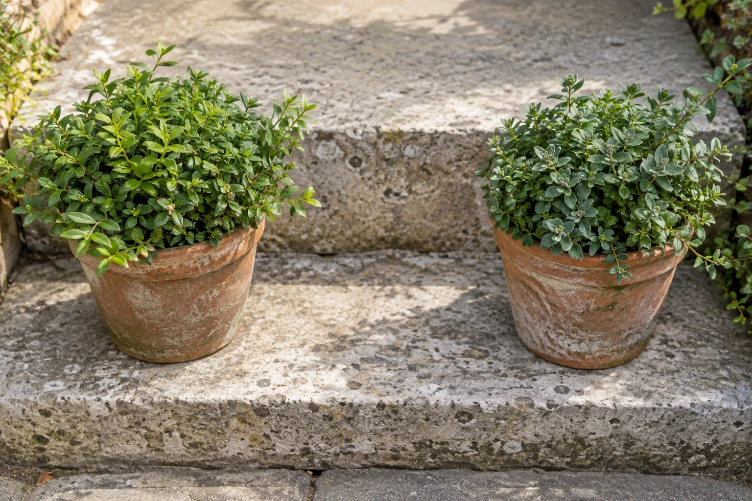 Twee gelijke verweerde terracotta potten staan aan weerszijden van het midden van een deels zichtbare stenen trede, met ronde beplanting erboven.