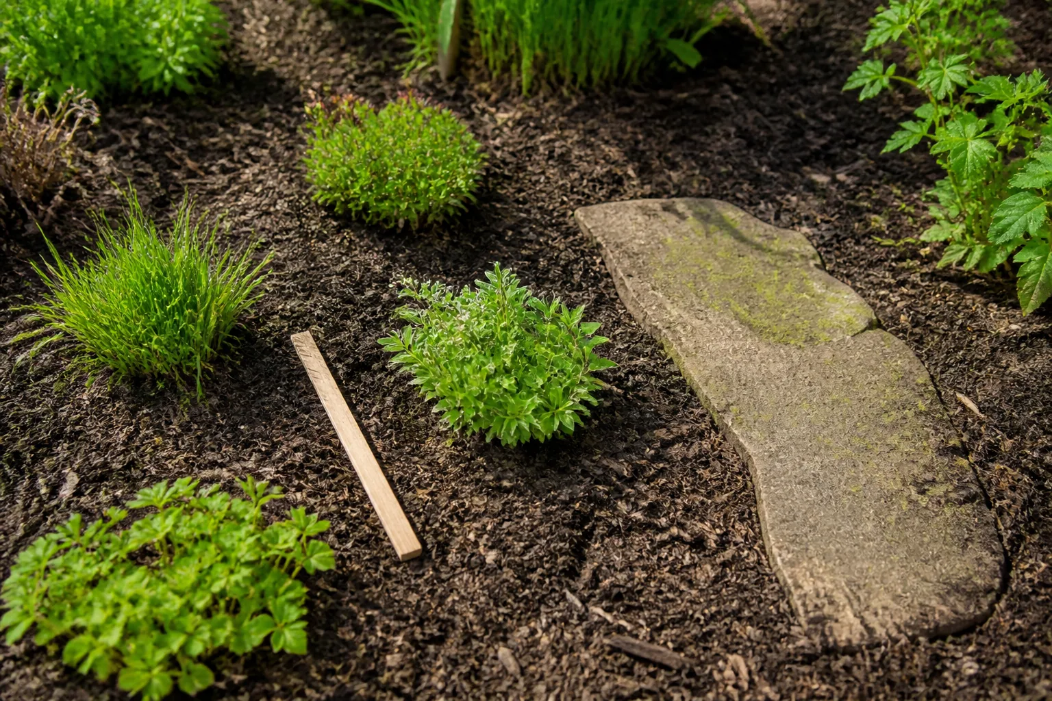 Small young plants stand apart in dark mulch beside a narrow weathered access stone and a plain wooden measuring stick.