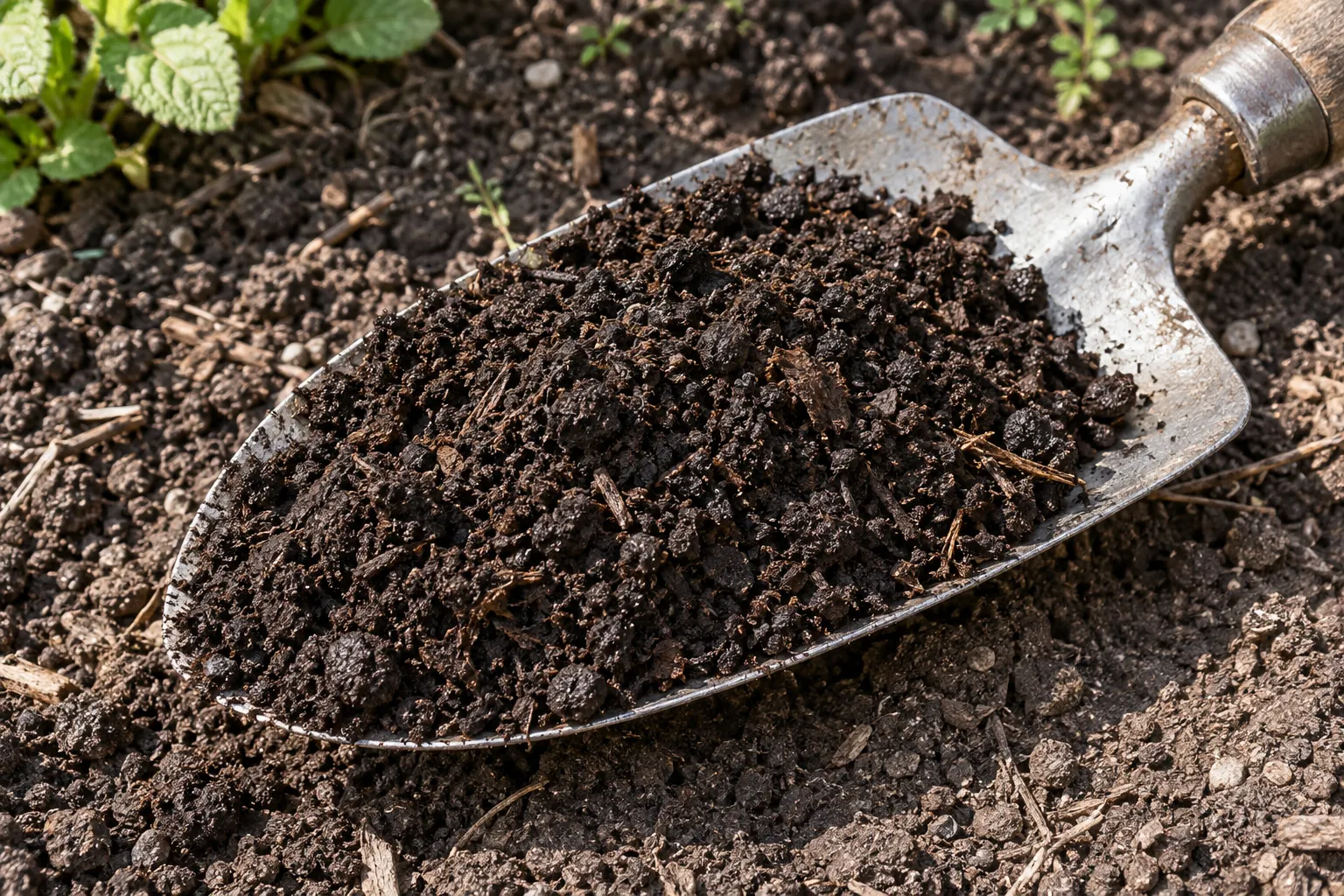 Dark crumbly compost with small woody fibres on the scoop of a worn garden trowel.