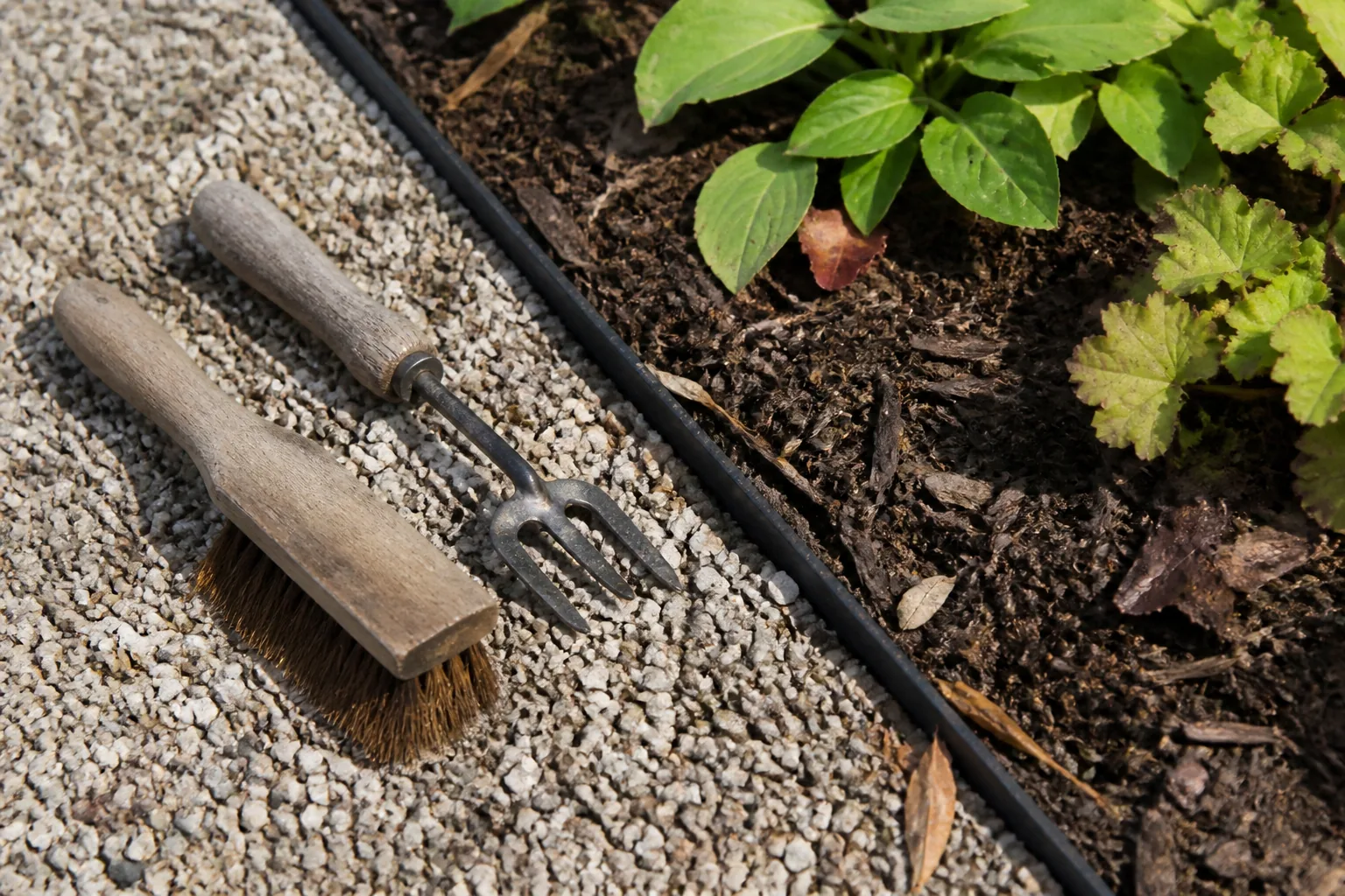 A small hand brush and weeding fork rest beside an accessible gravel-to-planting edge, with no hands or wider garden visible.