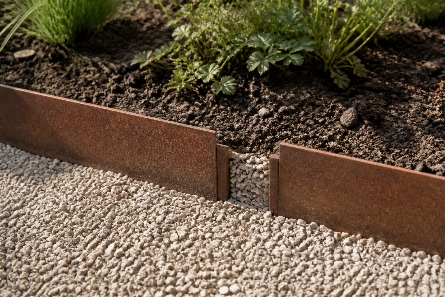 A short weathered steel edge holds a slightly raised planted bed above compact gravel, with a small open drainage gap at the junction.