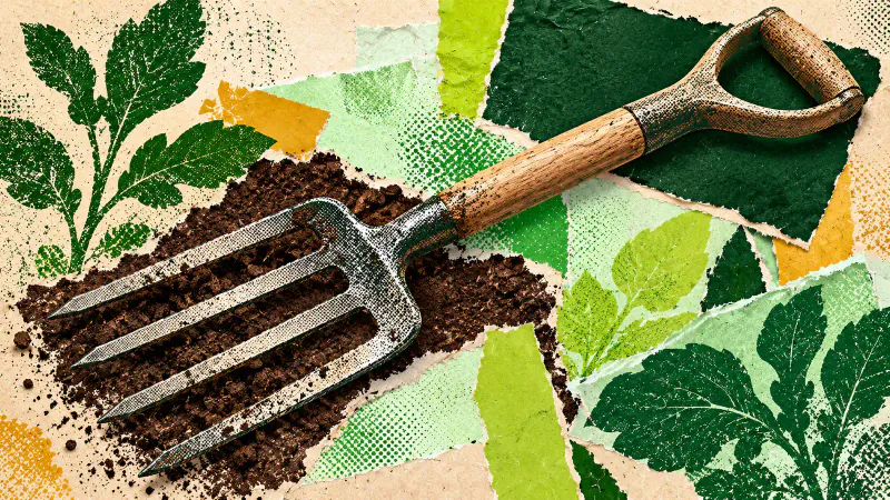 Groene papiercollage van een spitvork, aarde en uitgeknipte bladeren
