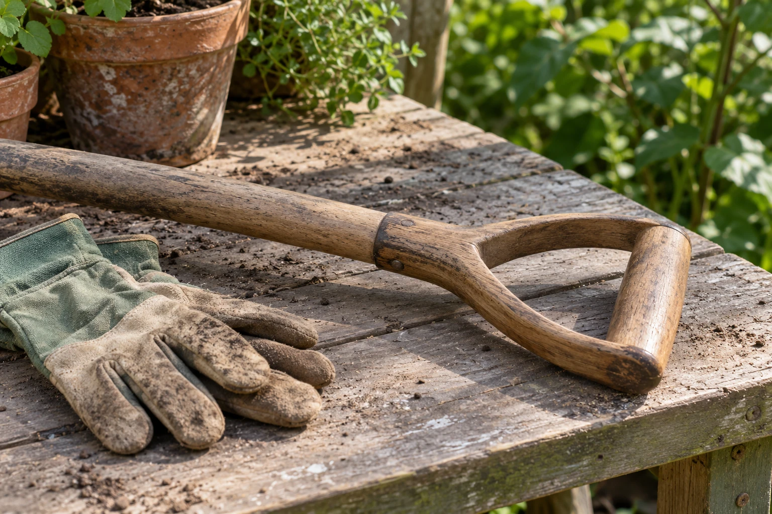Detail van een houten D-greep met het bovenste deel van de steel van een spitvork.