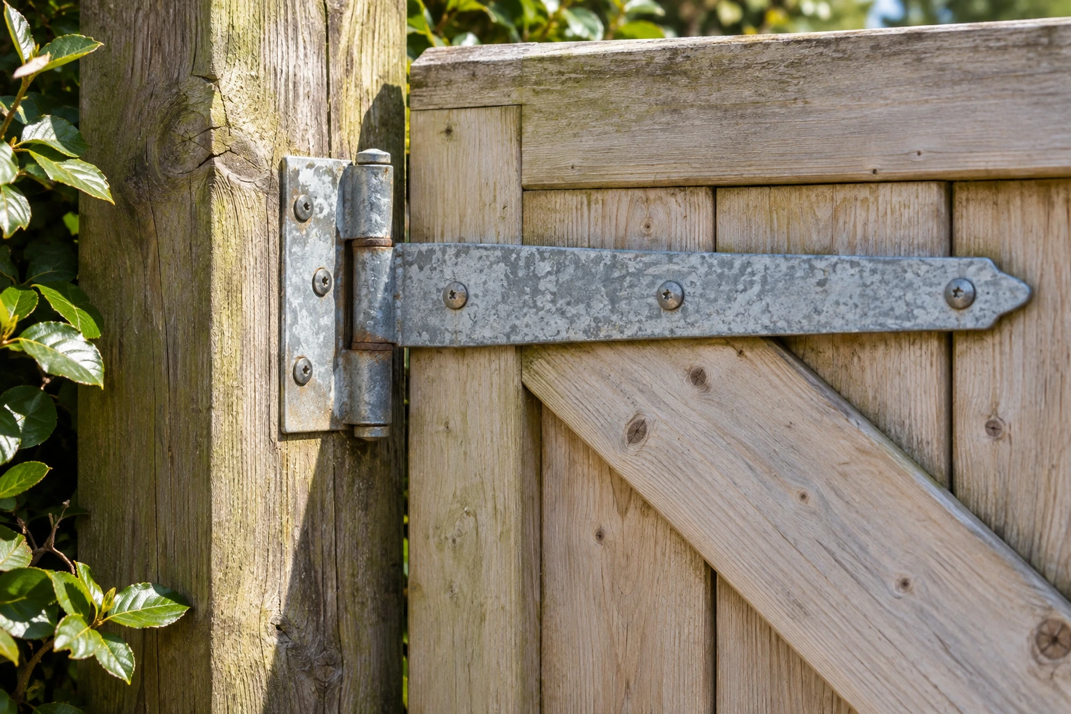 A galvanized strap hinge joins a timber gate to its post, with screws, wood grain and nearby foliage visible.