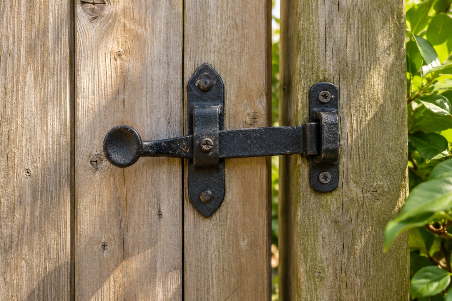A black lifting latch bar crosses from a timber gate to a keeper on its post, beside a narrow gap and green leaves.