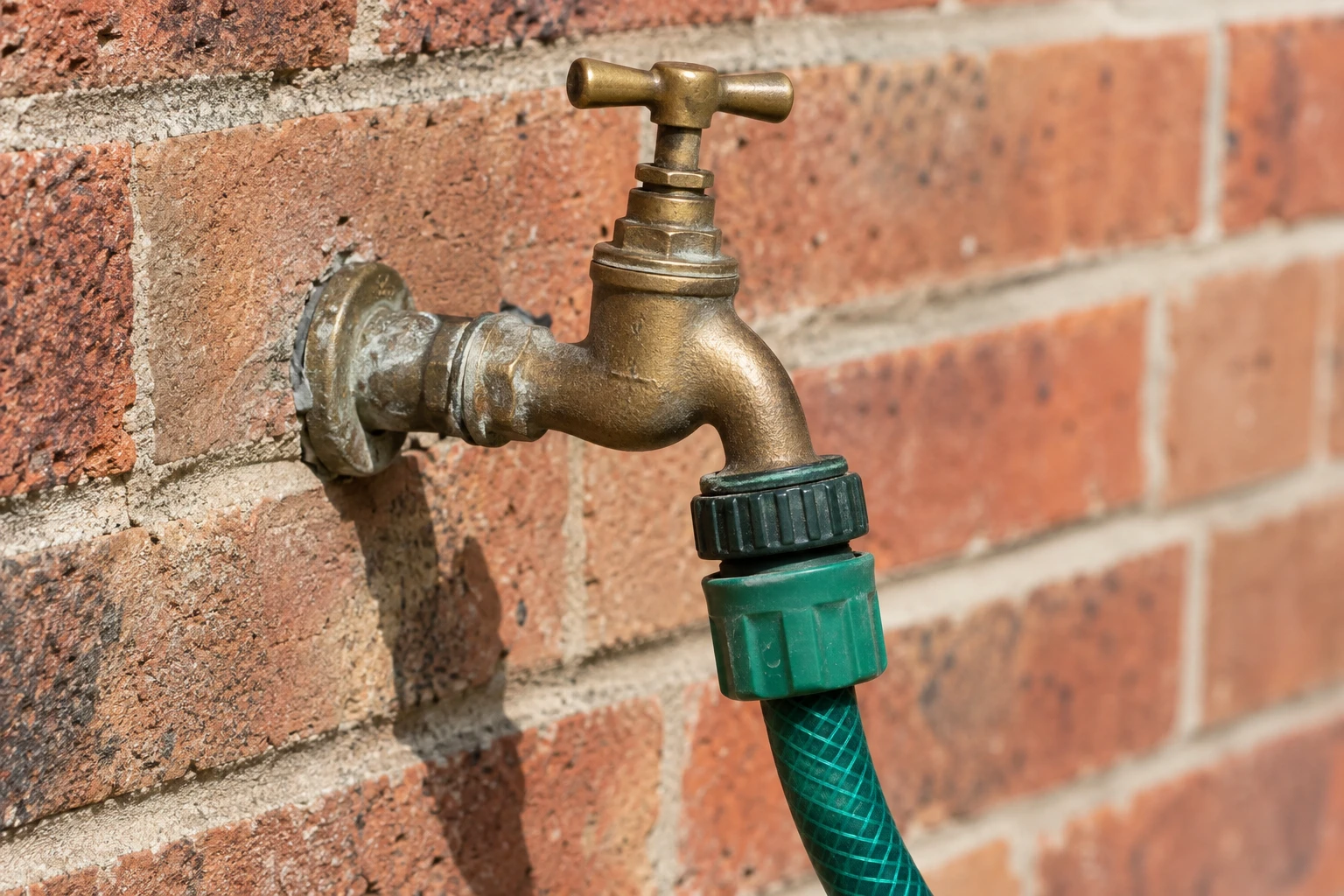 Close detail of an outdoor tap with a hose connector and a short length of garden hose.