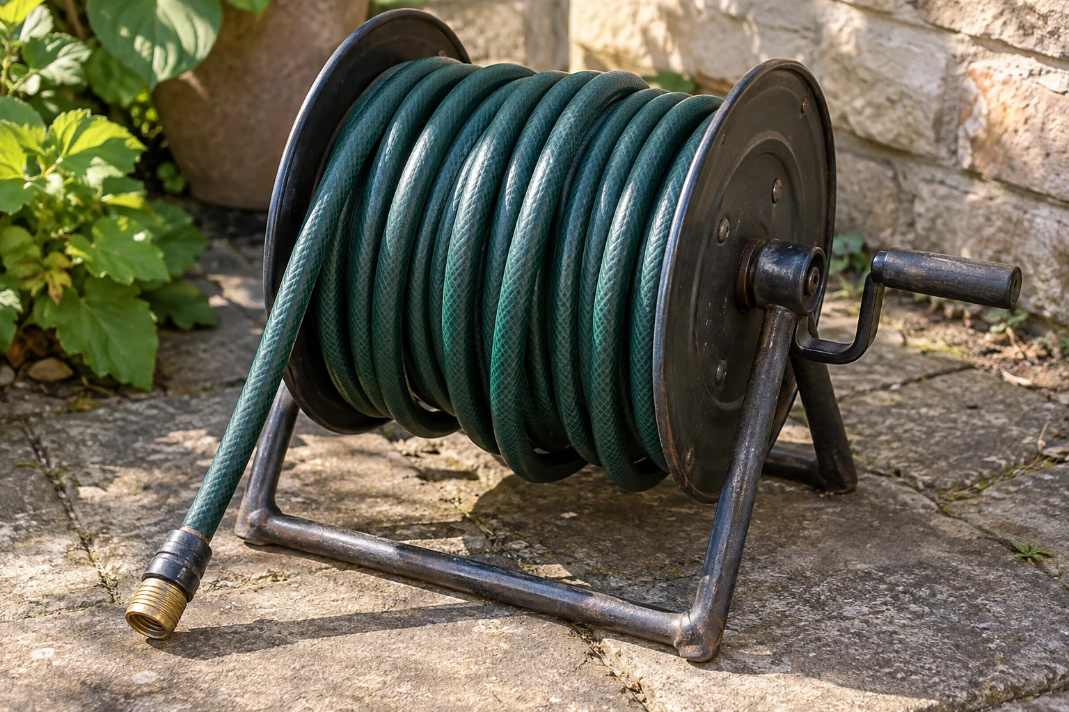 A manual garden hose reel with hose wound around its drum and the winding handle visible.