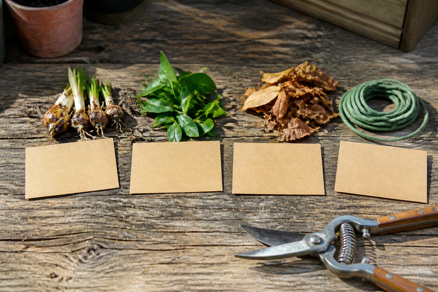 Four blank kraft cards sit below spring bulbs, clipped green leaves, fallen leaves and garden twine on a weathered workbench.