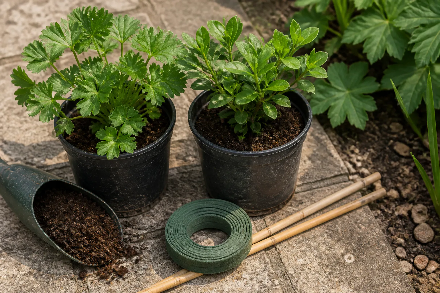 Two unlabelled nursery plants sit beside compost, soft plant tie and bamboo stakes on worn paving.
