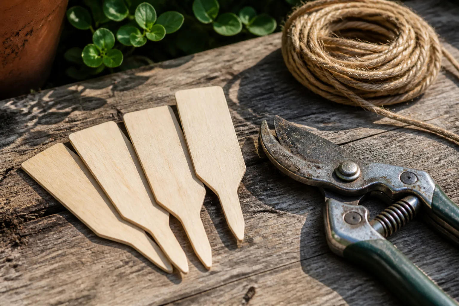 Four blank plant markers, pruning shears and garden twine show the recurring tasks that a maintenance visit should define.