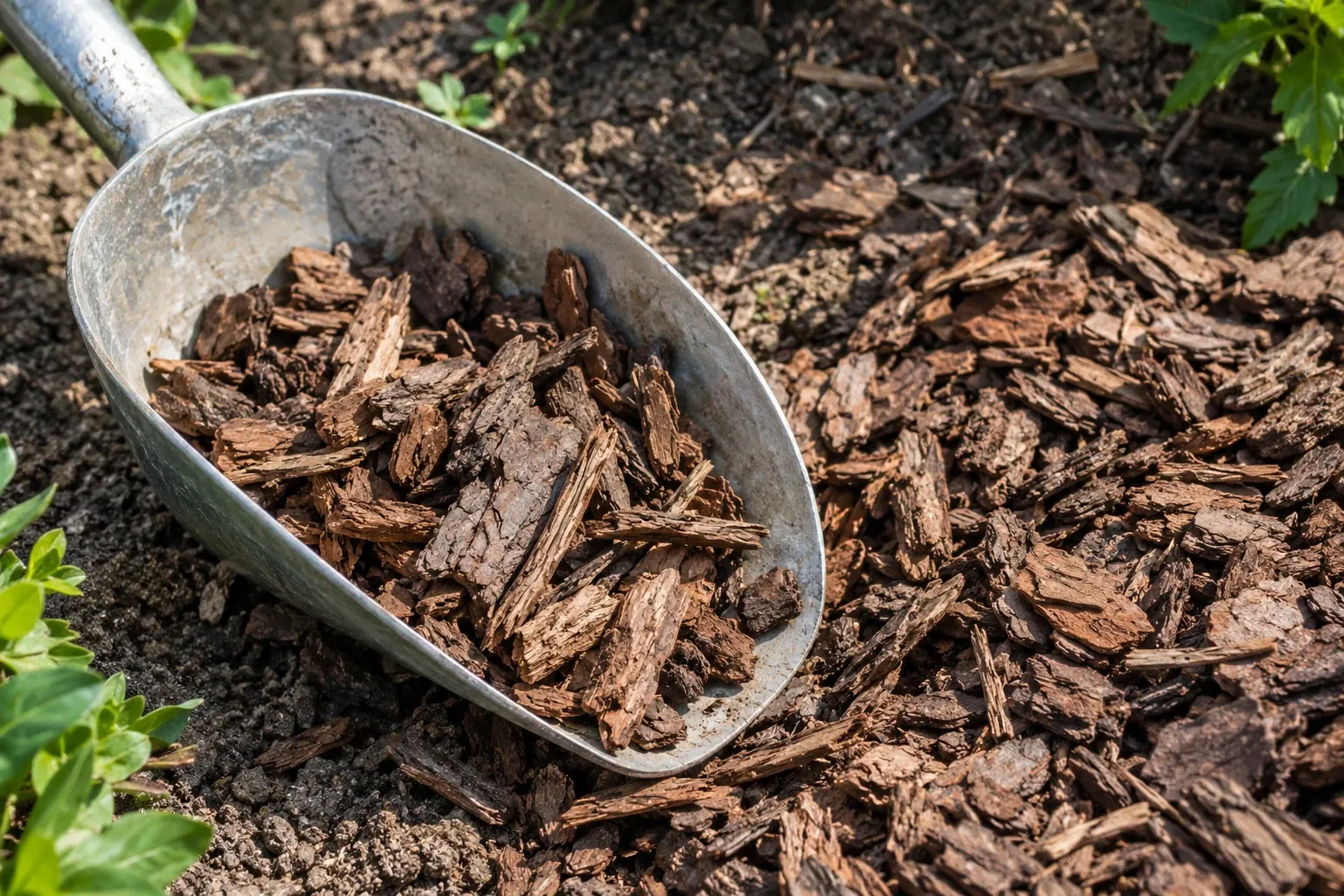 Brown bark pieces with rough, fibrous edges rest in a worn metal garden scoop.