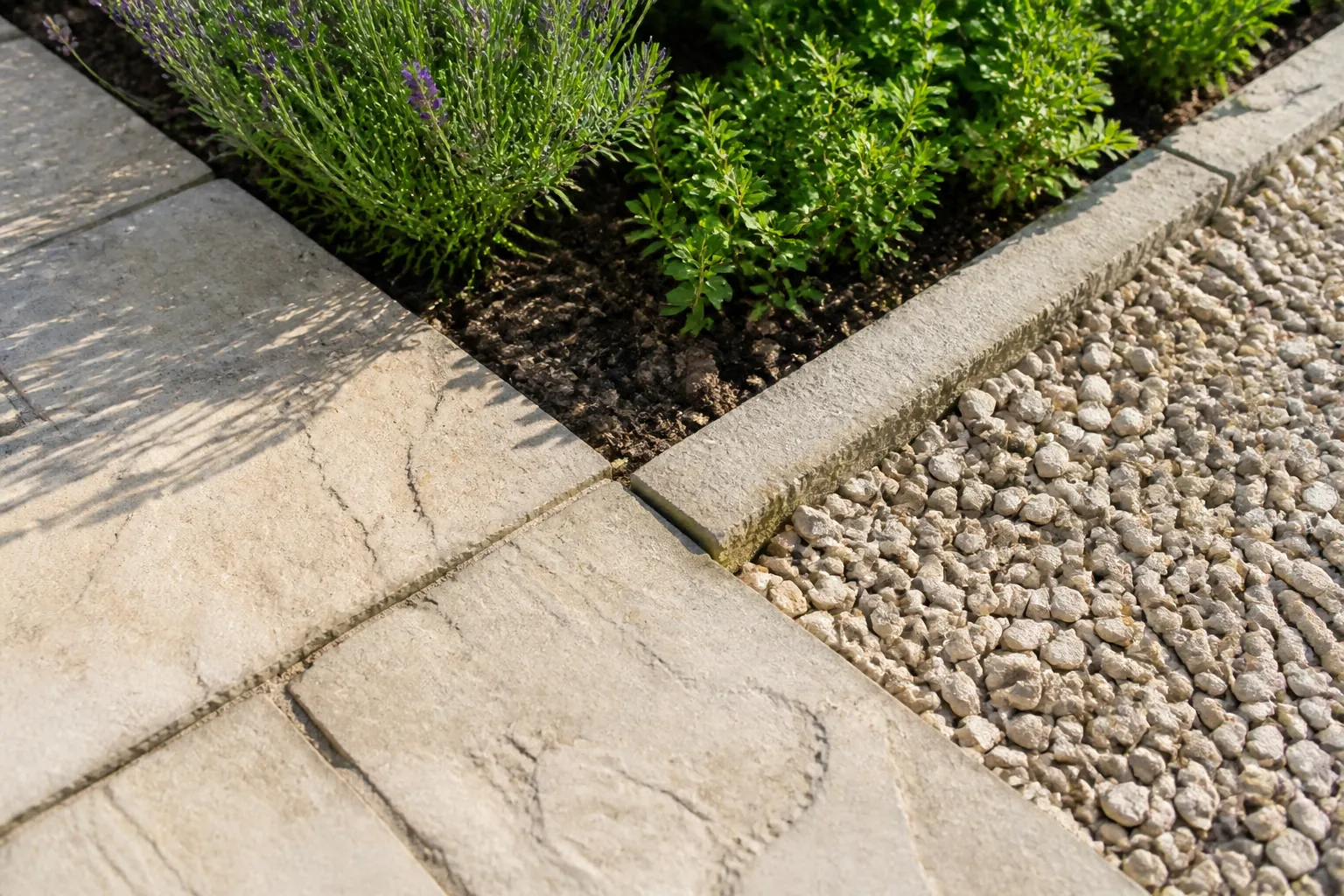 Pale paving, compact gravel and a planted edge meet at one close junction with the surface levels visible.