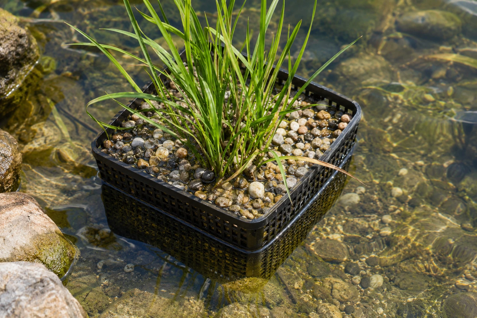 A black perforated aquatic basket with gravel and narrow green foliage sits partly submerged.