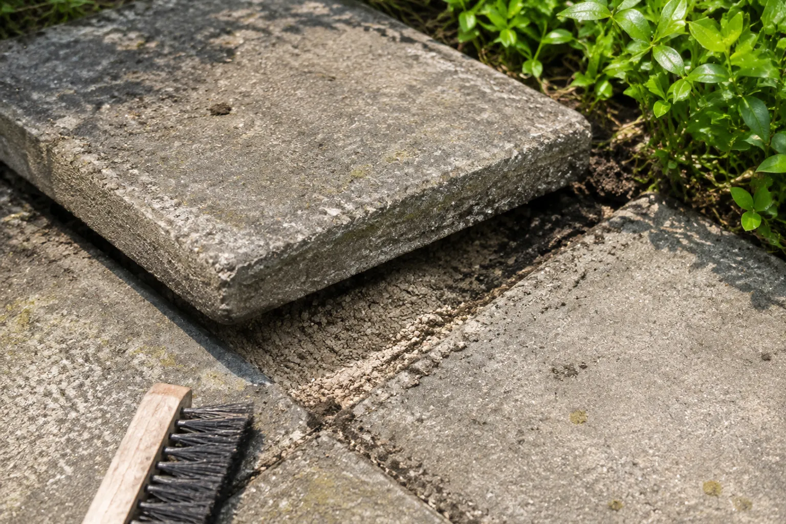 A lifted weathered garden paver reveals its bedding layer beside retained slabs and a small hand brush.