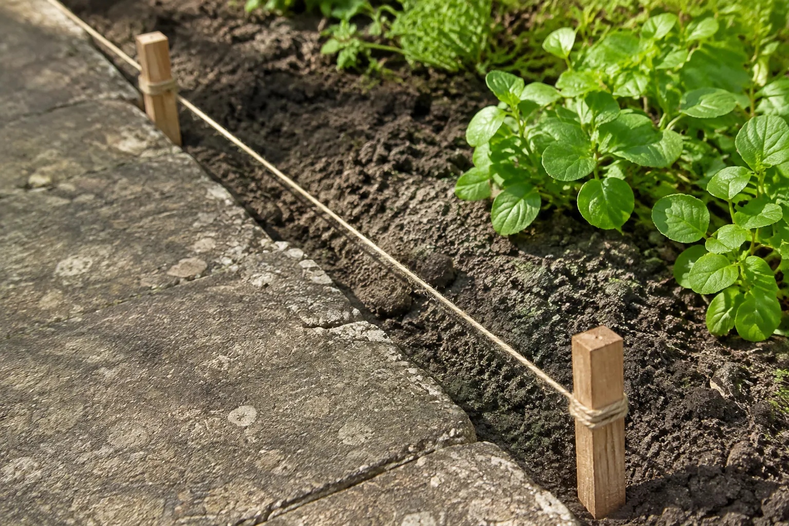 Timber stakes and taut string mark the boundary between retained paving and planting soil.