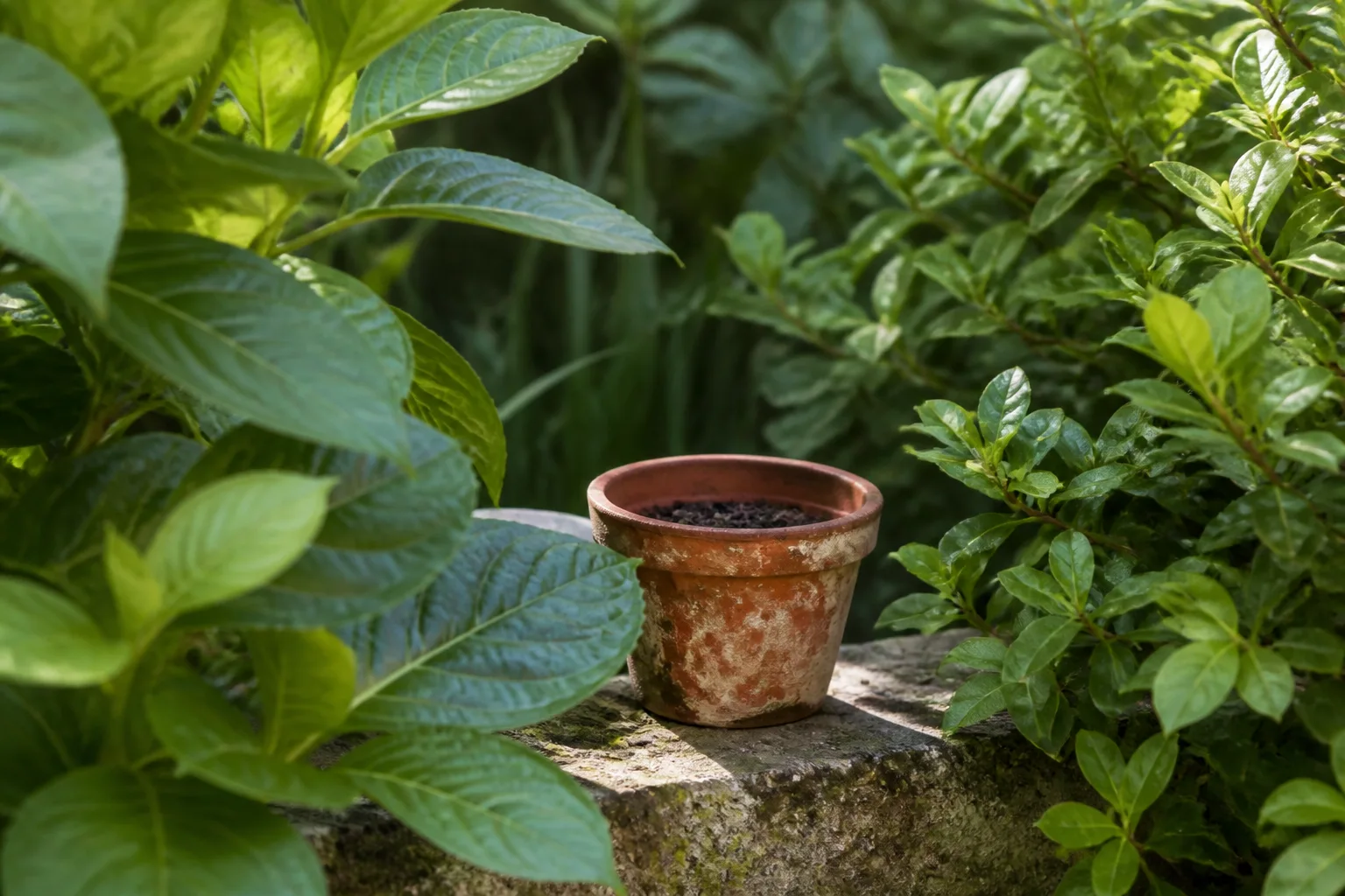 Green leaves frame a small terracotta pot on a weathered stone ledge.
