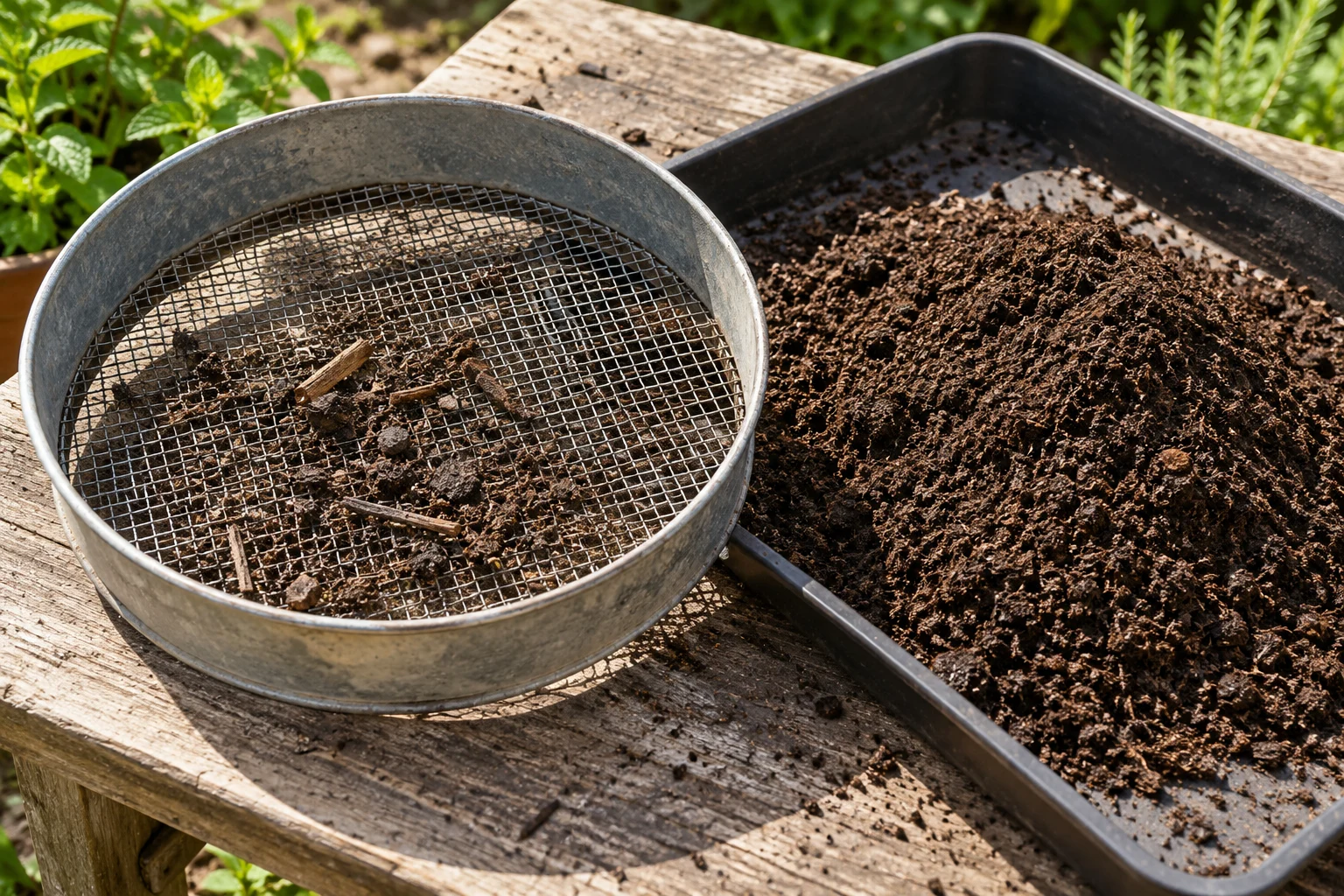 A round sieve holding coarse woody pieces beside a tray of crumbly screened compost.