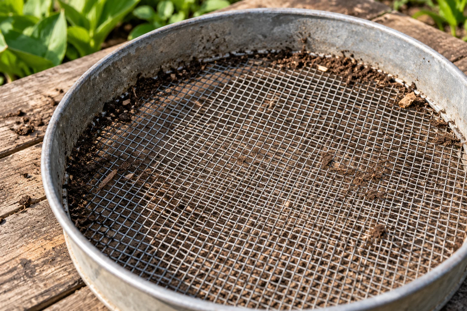 Close-up of the woven metal mesh and curved rim of a round garden sieve.