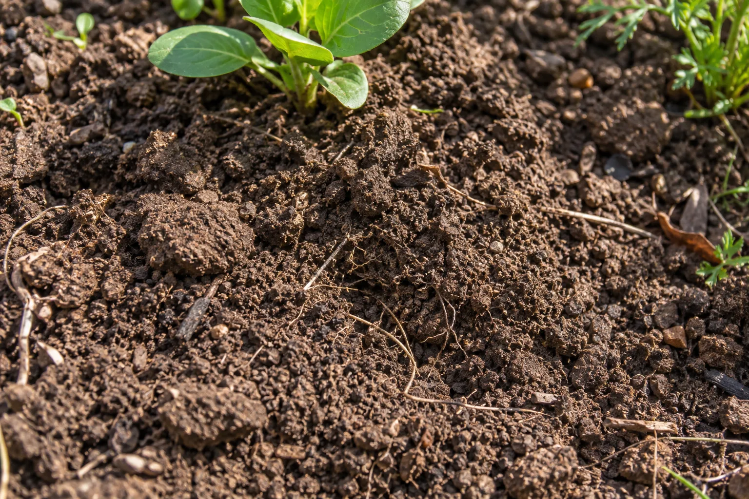 Kruimelige bruine grond met kleine kluiten en fijne wortels bij een jonge plant.