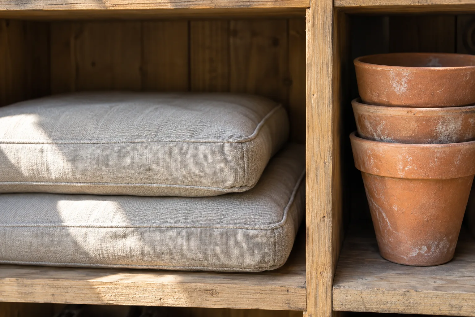Droge canvas kussens en terracotta potten staan in aparte plankvakken met een houten tussenschot.