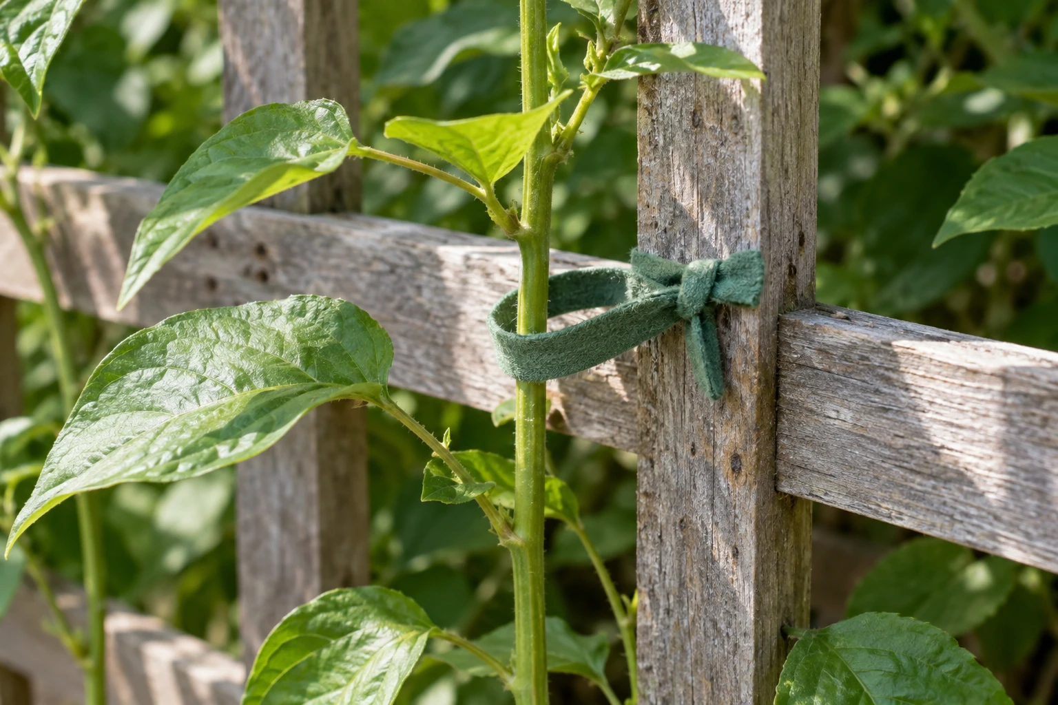 A loose soft tie holds an upright green stem beside a worn timber lattice.