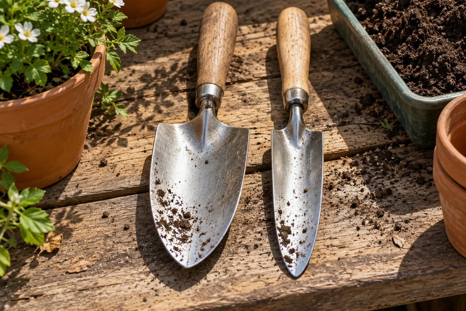 Two stainless steel trowels with different blade widths rest side by side on a wooden surface.