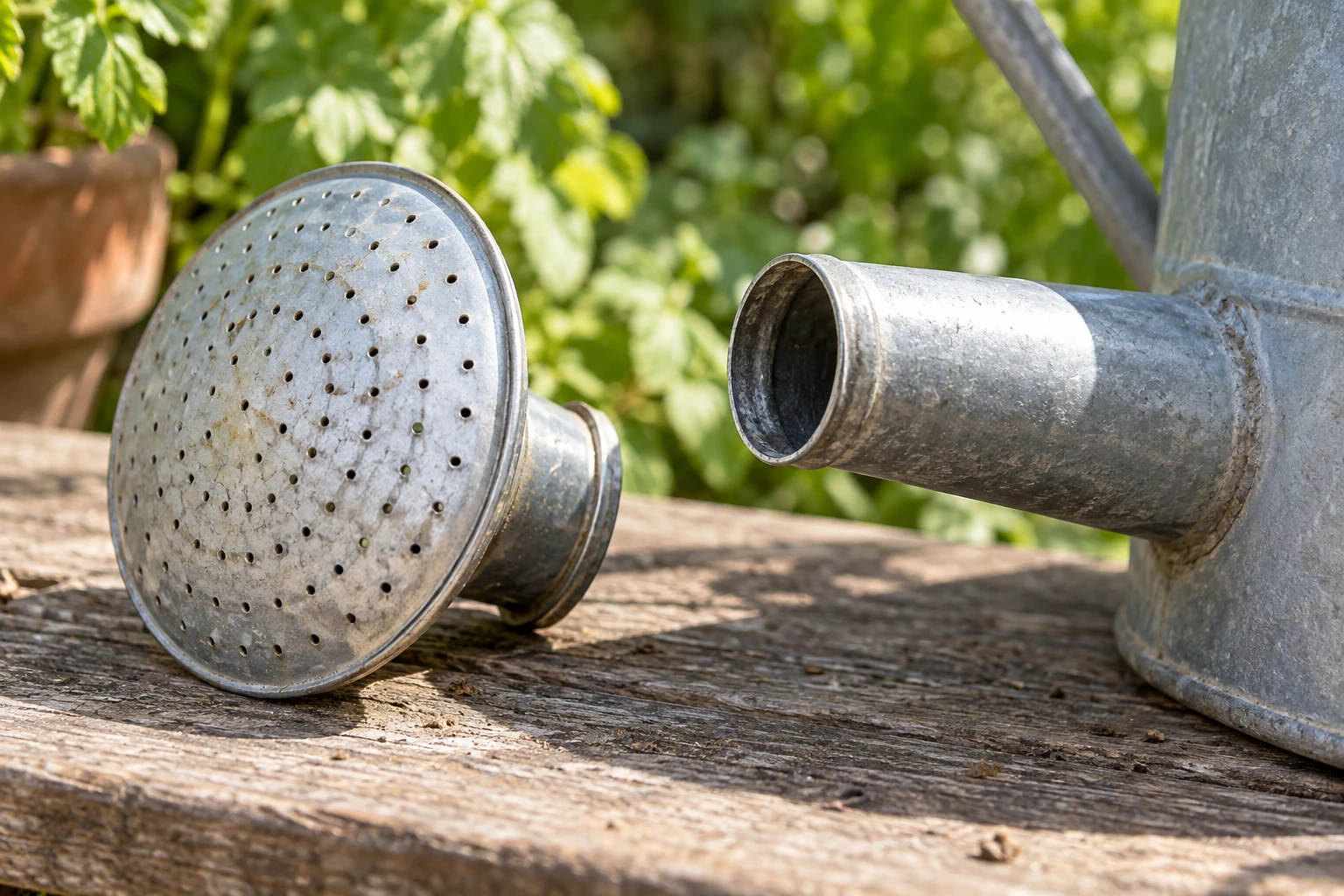 A perforated watering-can rose beside the open end of a spout.
