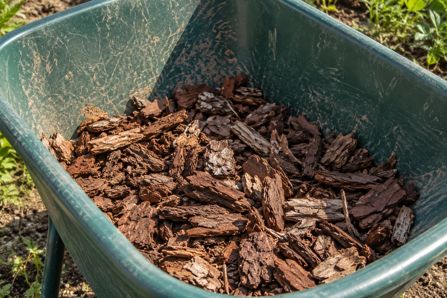 A scuffed green wheelbarrow tray with a rounded rim holds loose bark chips.