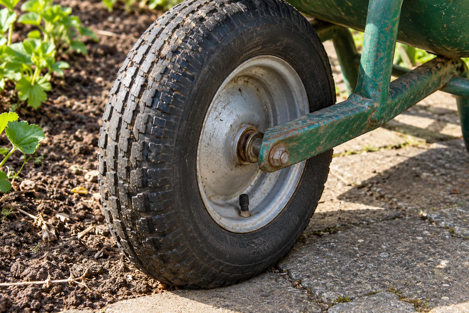 A black wheelbarrow tire with a metal hub sits beside paving and soil.