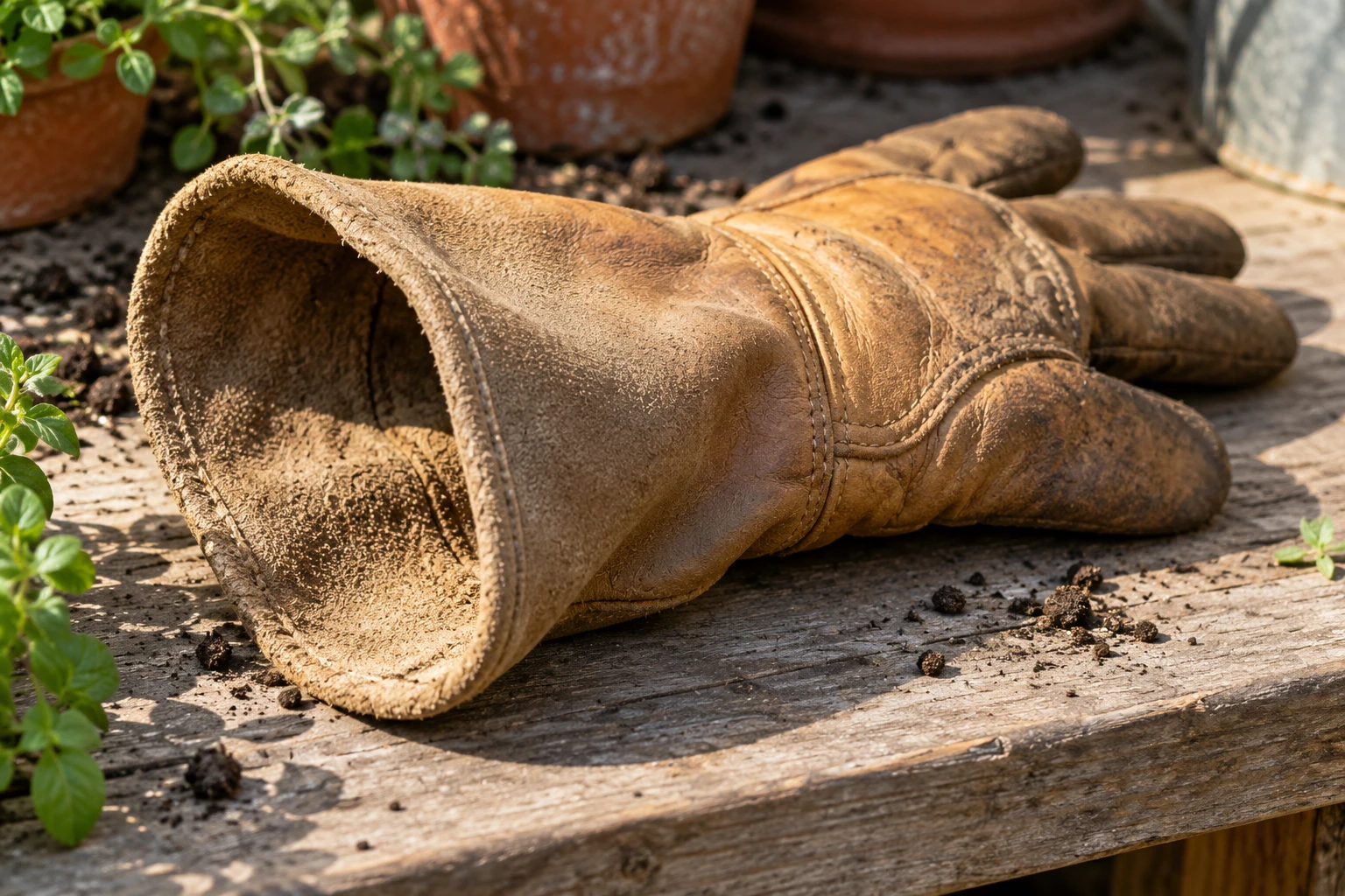 De manchet en stiknaden van een lege lange tuinhandschoen liggen op een verweerd houten oppervlak.